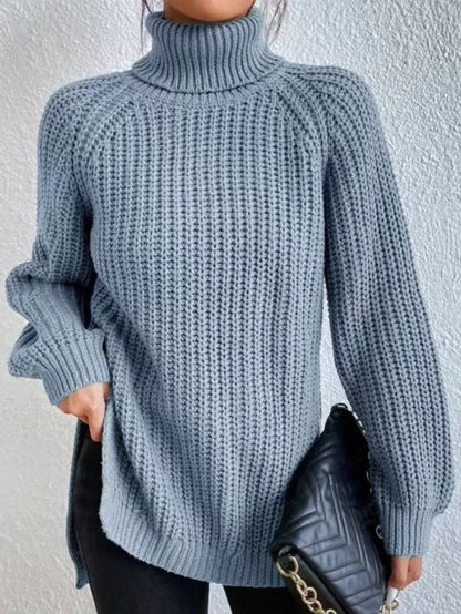 Grande vente‼️Pull en coton à col roulé et manches raglan à ourlet fendu