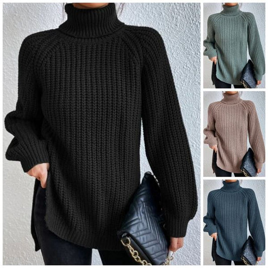 Grande vente‼️Pull en coton à col roulé et manches raglan à ourlet fendu