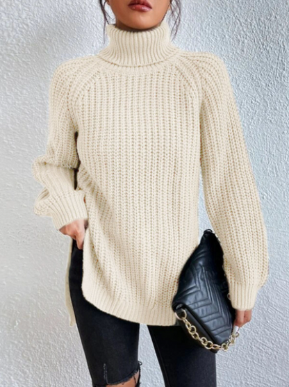 Grande vente‼️Pull en coton à col roulé et manches raglan à ourlet fendu