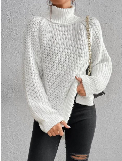 Grande vente‼️Pull en coton à col roulé et manches raglan à ourlet fendu