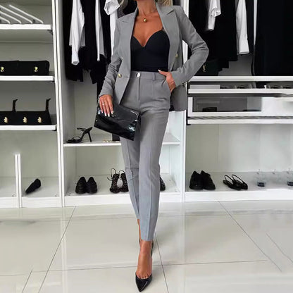 🍂Spéciales d'automne🍂Ensemble de Blazer Croisé et Pantalon Ajusté pour Femmes