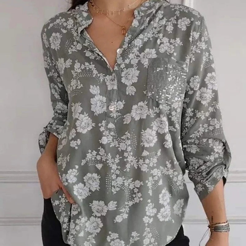 Chemisier à manches longues et poches à sequins pour femme, imprimé floral