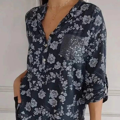 Chemisier à manches longues et poches à sequins pour femme, imprimé floral