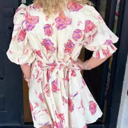 🔥Robe fleurie à la mode avec manches bouffantes et ceinture