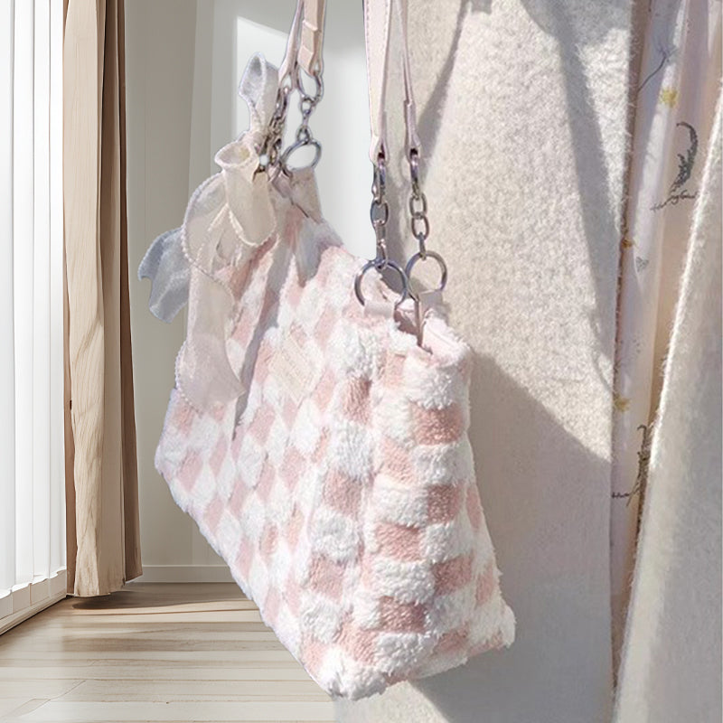 Sac à bandoulière en peluche à carreaux pour femme