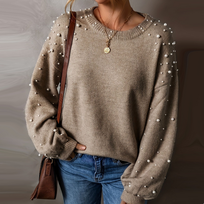 Pull col rond à fausses perles pour femme