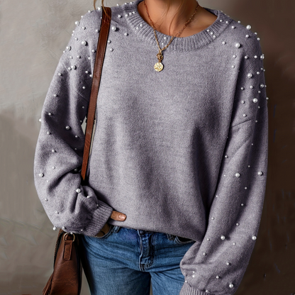 Pull col rond à fausses perles pour femme