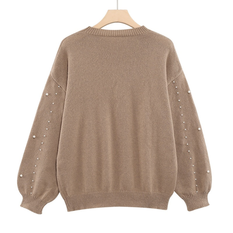 Pull col rond à fausses perles pour femme