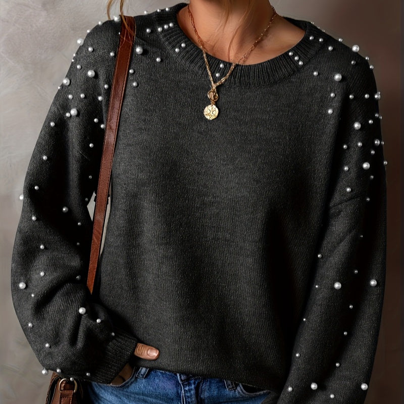 Pull col rond à fausses perles pour femme